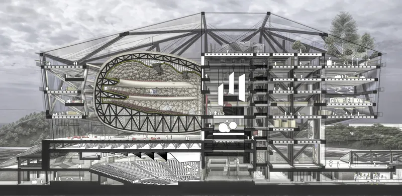 Section drawing showing the layered structure with exposed steel trusses and a circular lattice dome under cloudy skies