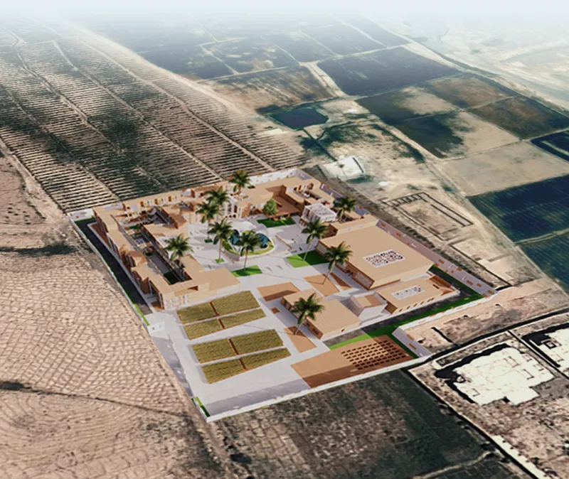 Aerial view of Maan integrating housing, agriculture, courtyards, and community facilities.