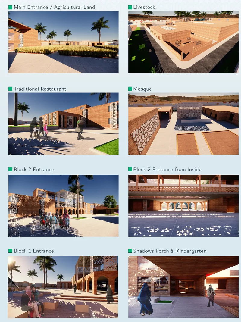 Architectural perspectives highlighting shaded courtyards, patterned screens, community spaces, and traditional brick forms.