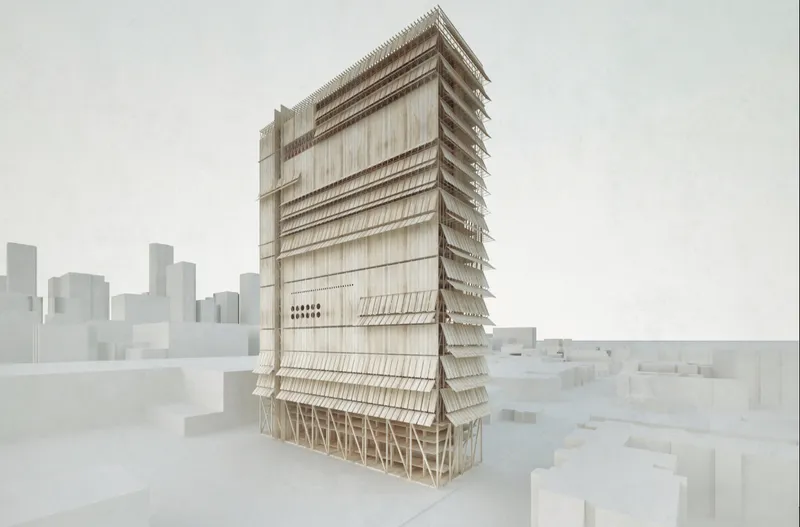 EW PARK combines a strong wooden identity with compact parking infrastructure for dense urban environments.