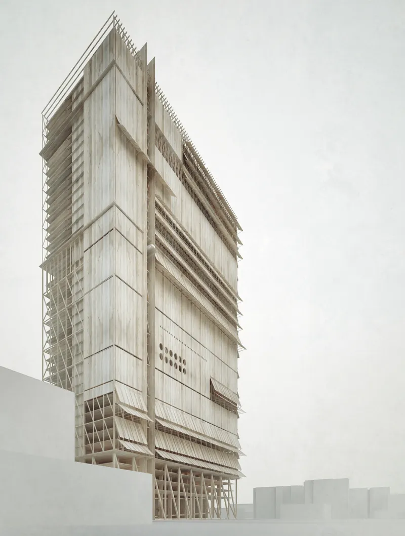 EW PARK rises as a compact timber tower shaped by layered façades and modular structural rhythms.