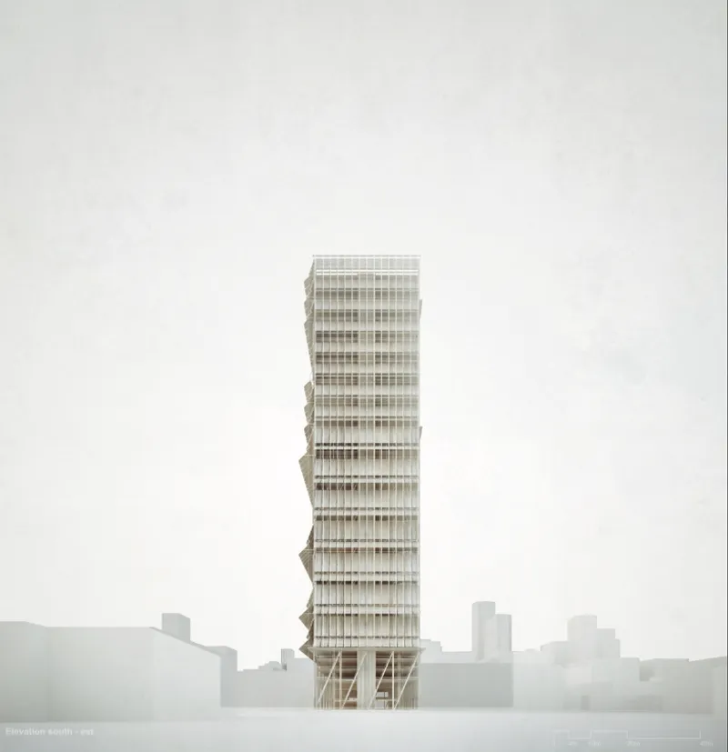 The slender elevation highlights the tower’s vertical density and minimal urban footprint.