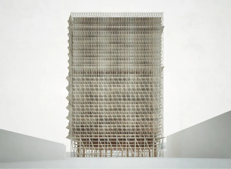 An open structural grid reveals the modular framework designed for automated vertical parking.