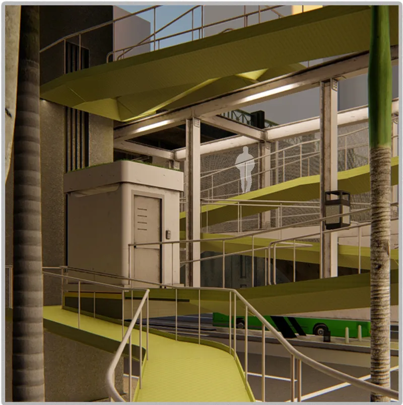 Elevated ramps weave through the lightweight structure, creating accessible pedestrian movement across the urban host.