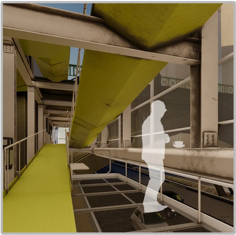 Perforated walkways and folded ramp surfaces frame new views between infrastructure, circulation, and the city.