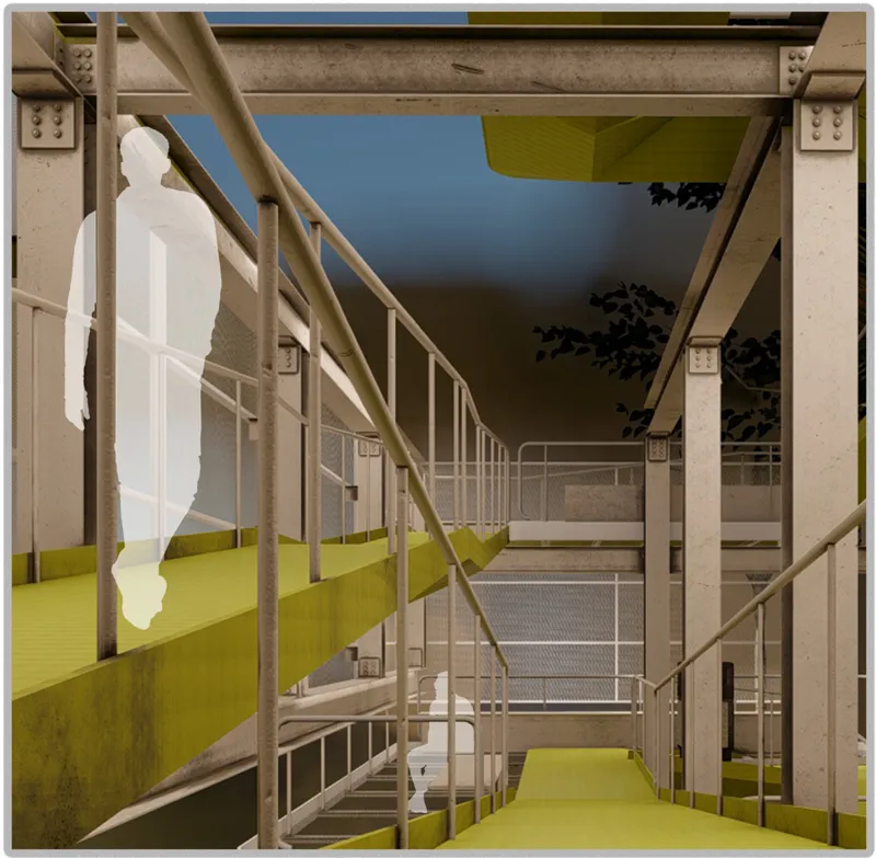 Layered ramps transform vertical movement into an open, connected, and socially accessible spatial experience.