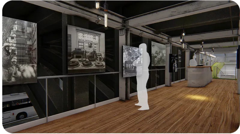 The exhibition gallery combines cultural programming with the exposed structural character of the parasitic architecture.