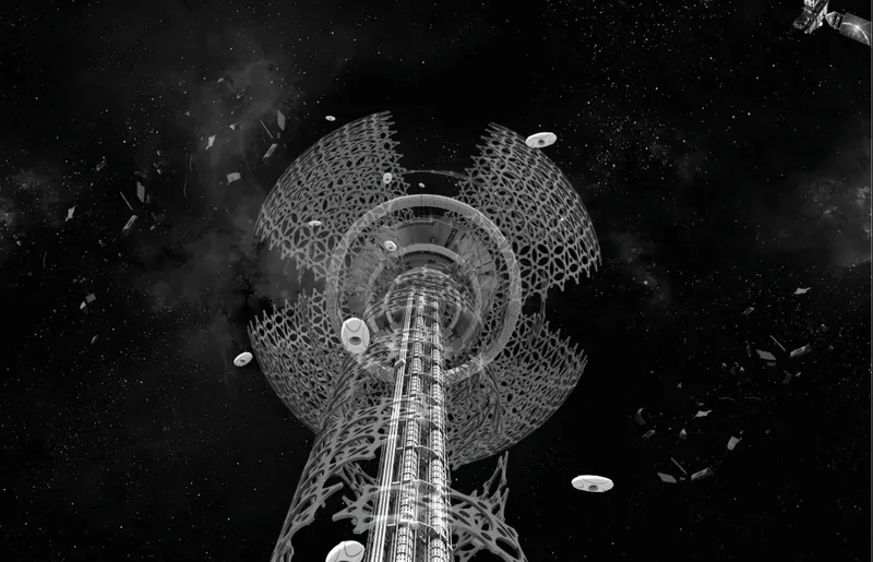 Space elevator rising into the orbital colony beneath its expansive stellar shell system.