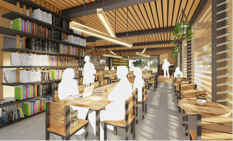 Interior café view with bookshelf partition, communal tables, warm timber finishes, and filtered daylight through louvre screens.