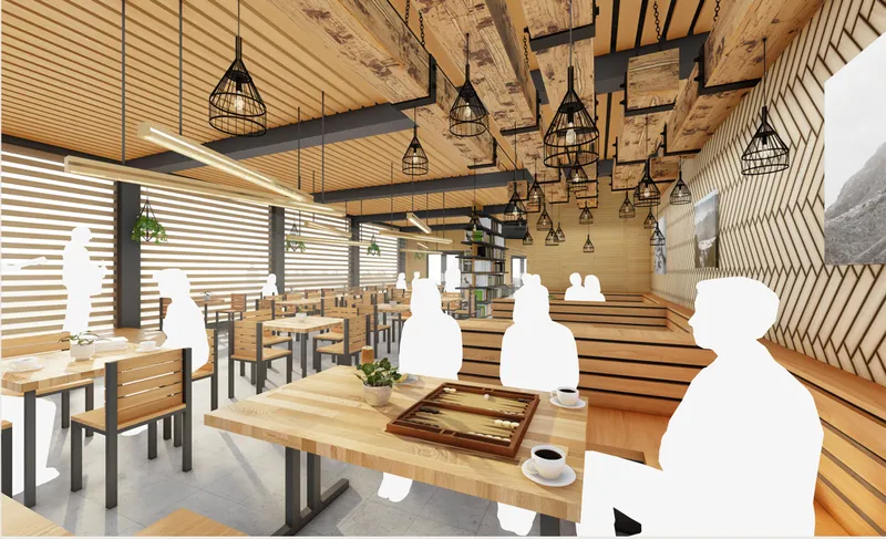 Open dining area with long tables, booth seating, pendant lights, and linear wood detailing across the ceiling and walls.