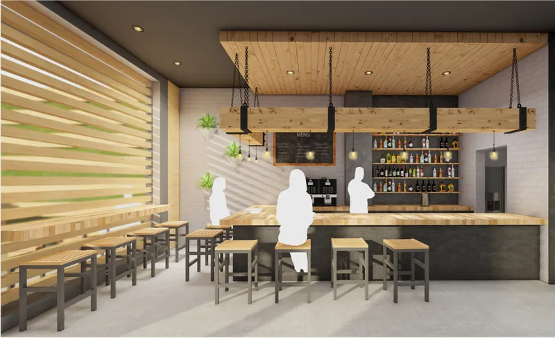 Coffee bar area with timber counters, stool seating, hanging menu, and daylight filtered through the façade screen.