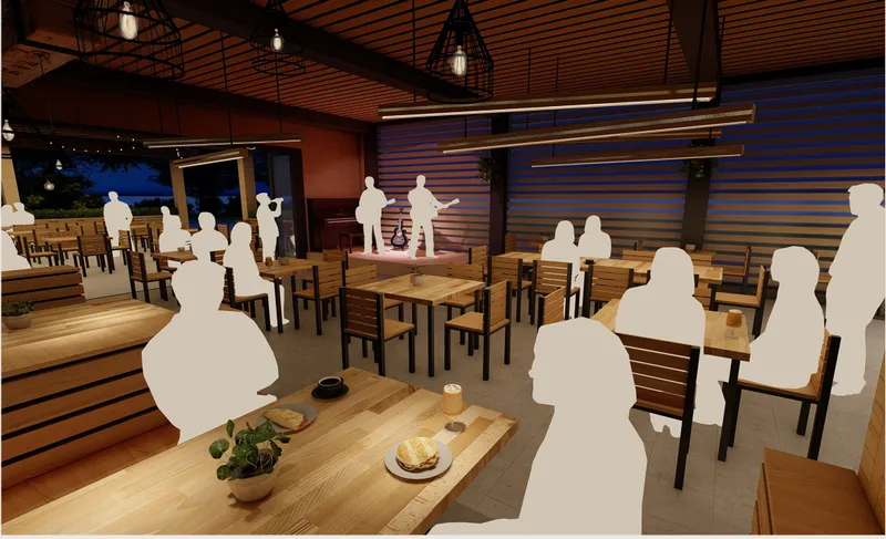 Evening interior scene with stage performance, communal seating, warm lighting, and an open connection to the patio.