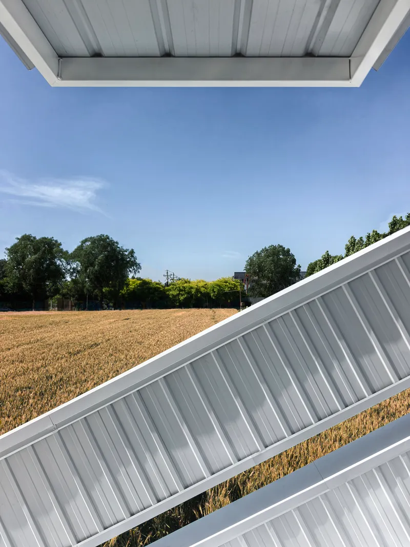View through an angular metal roof opening framing distant trees and golden grain field