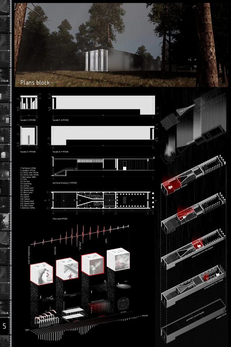 Plans, sections, and sequential diagrams illustrate the building’s linear progression from preparation and immersion to dream and reflection.