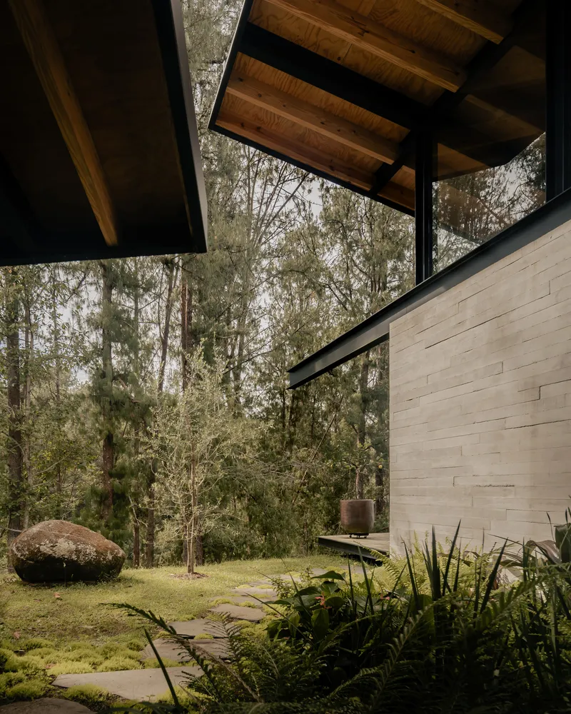 Covered terrace looking onto lawn and boulder with board-formed concrete wall and timber soffit above