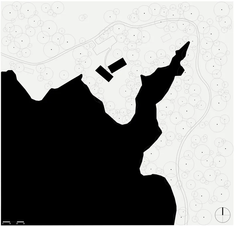 Site plan drawing showing building footprints positioned along a curved water edge with tree canopies