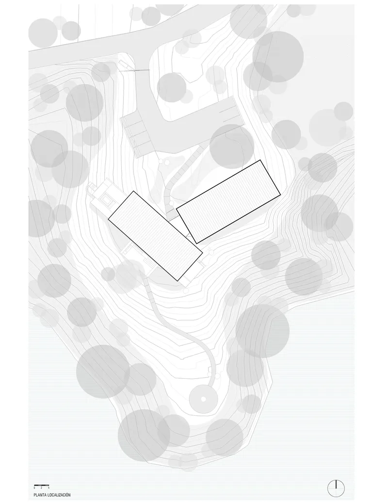 Site plan drawing showing two angled rectangular volumes set among trees on sloping contoured terrain