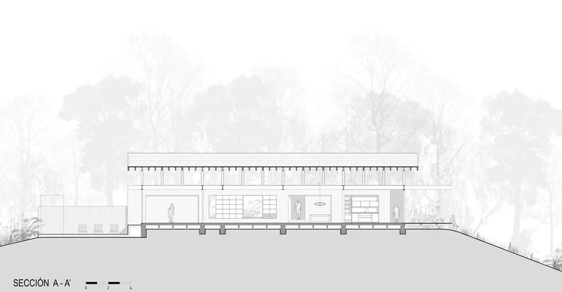 Section drawing showing a pavilion with an overhanging flat roof and columnar supports on sloped ground