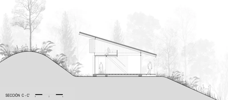 Section drawing showing a building with a mono-pitched roof set into a rounded hill with palm trees