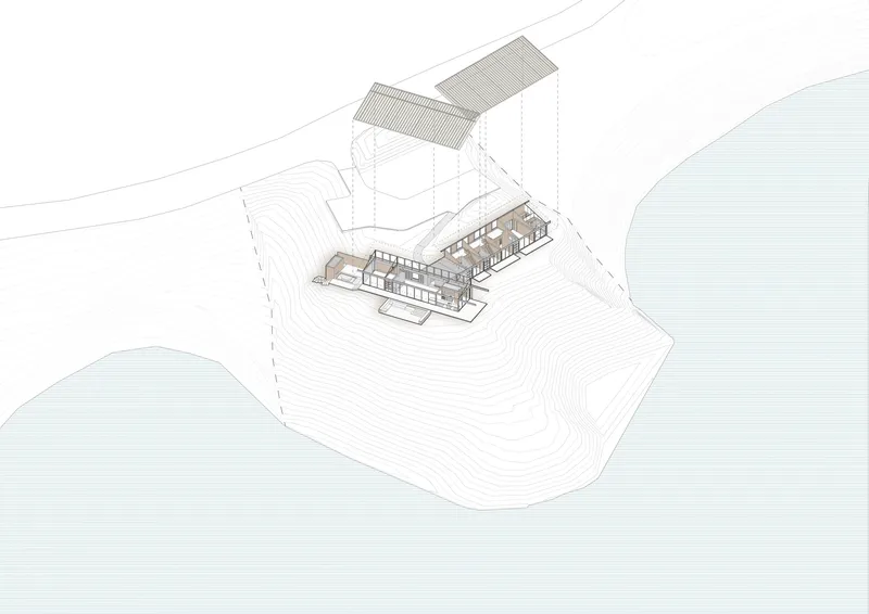 Axonometric drawing showing a rectangular building with exposed interior layout on a sloping contoured site near water