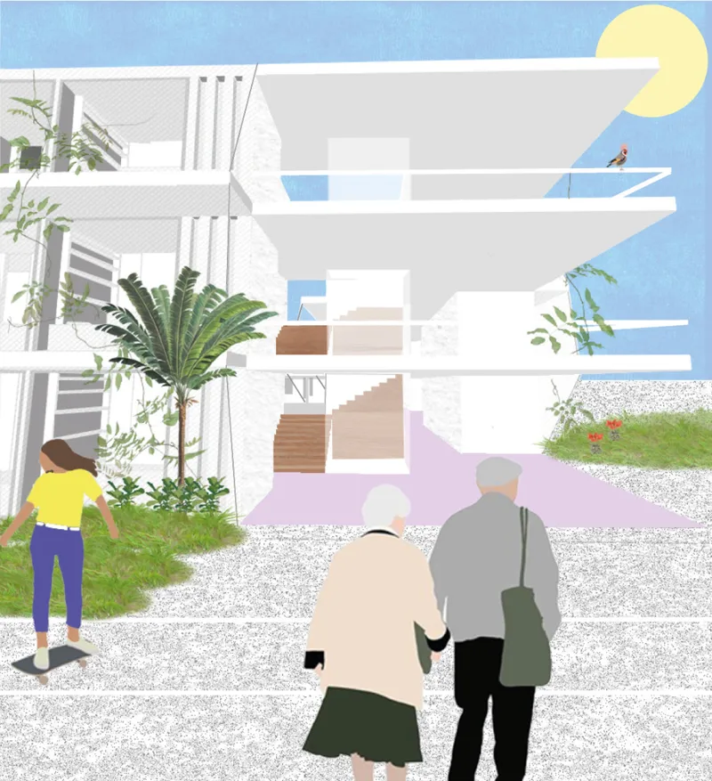 Open communal spaces connect residents with gardens, terraces, and multiple levels of shared activity.