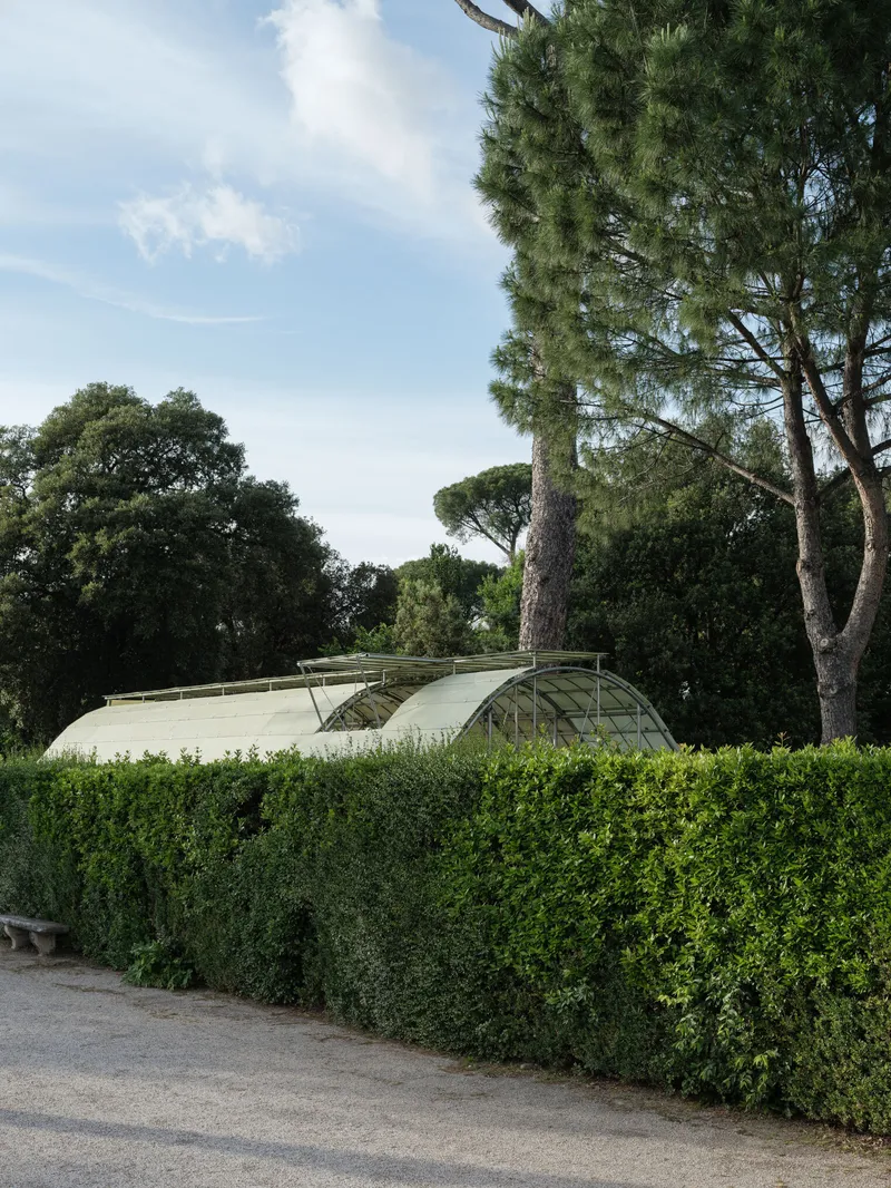 Distant view of the curved canopy nestled among pine trees and clipped hedges under a clear sky