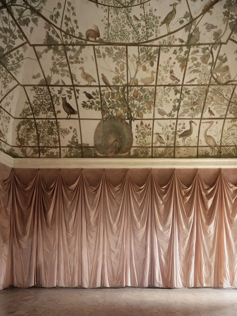 Interior room with botanical wallpaper ceiling showing birds and foliage above draped pink curtain wall