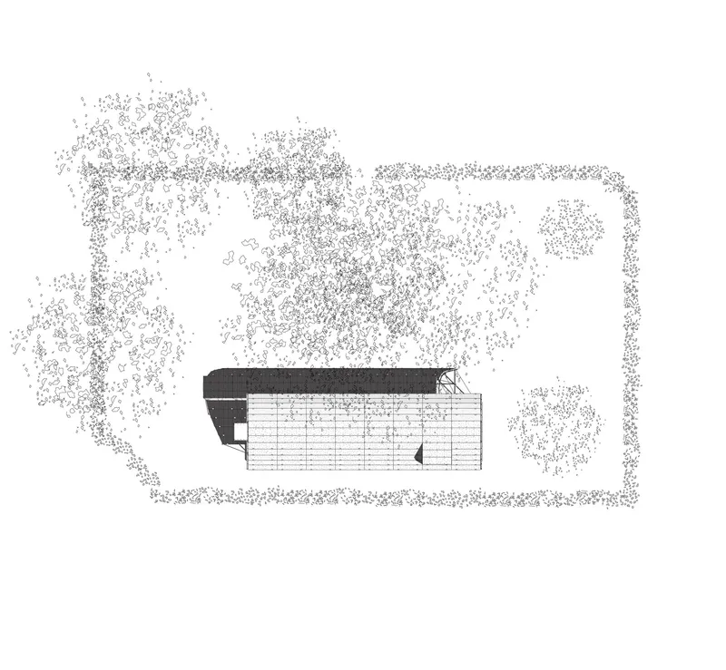 Roof plan drawing depicting gridded structure with darker volume amid pointillist tree canopies