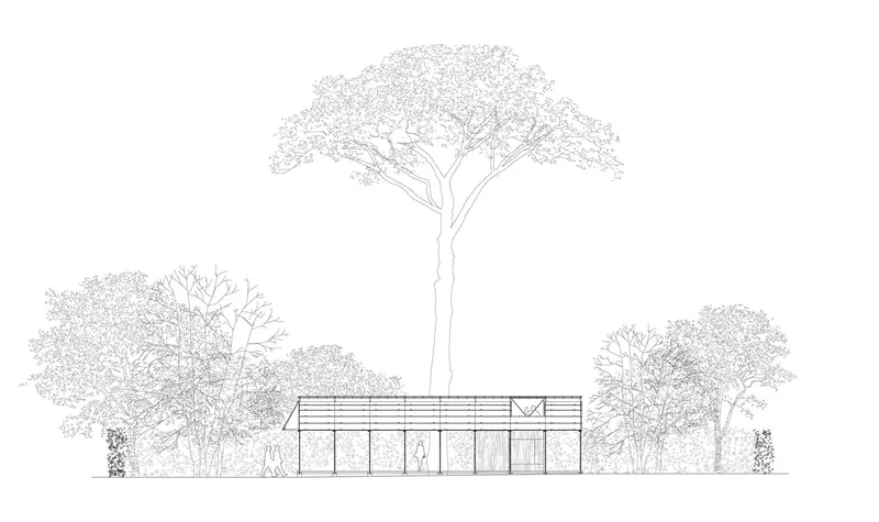 Elevation drawing showing a single-story pavilion with horizontal slat facade beneath mature trees