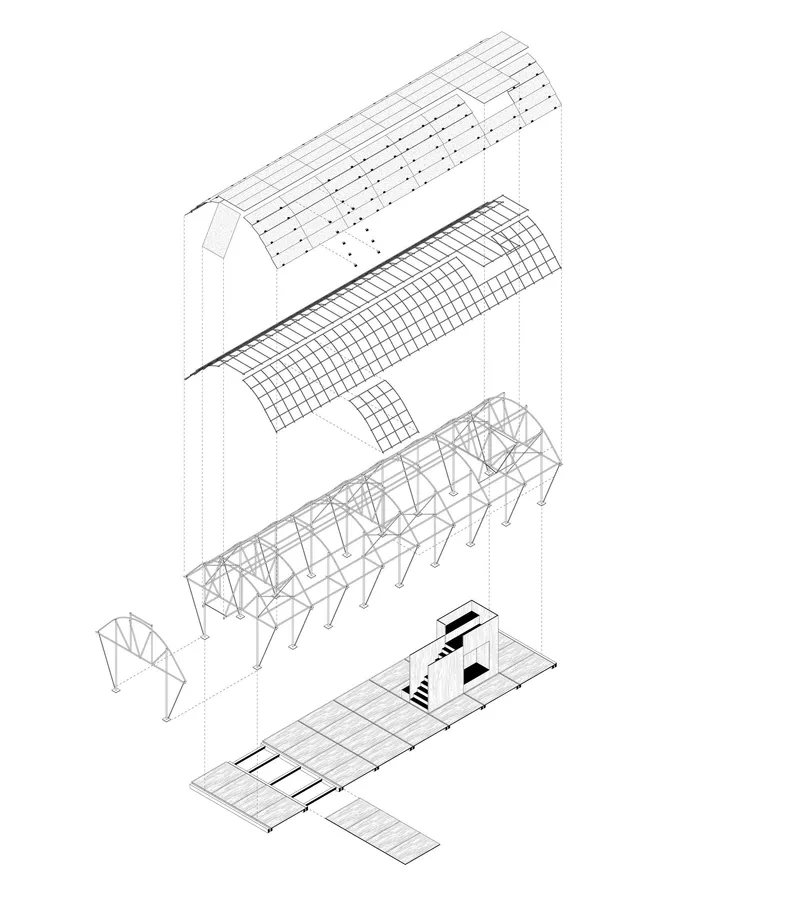 Exploded axonometric drawing illustrating barrel vault roof layers, truss structure, and floor plate assembly