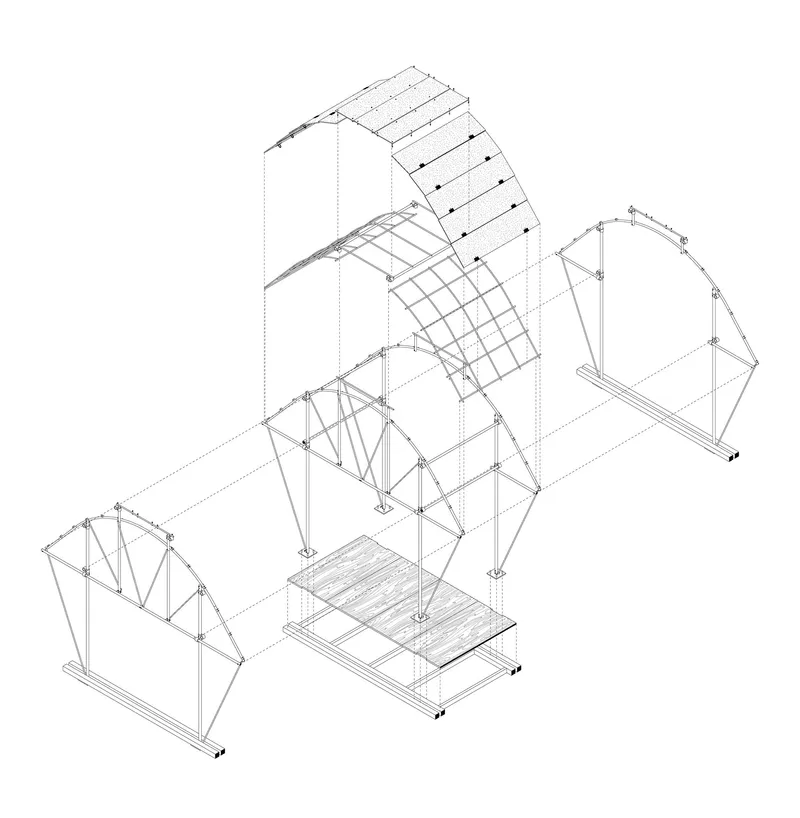 Axonometric drawing revealing the layered structural components of curved roof and triangulated support frames