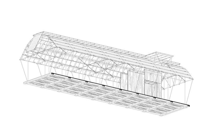 Isometric drawing of elongated pavilion with arched roof truss system and vertical cladding panels