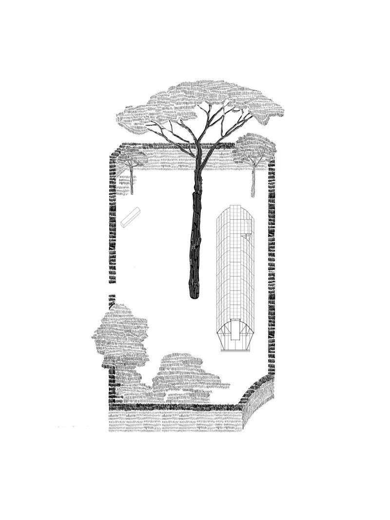 Section drawing showing brick columns, mesh enclosure, and tree canopy rising through the structure