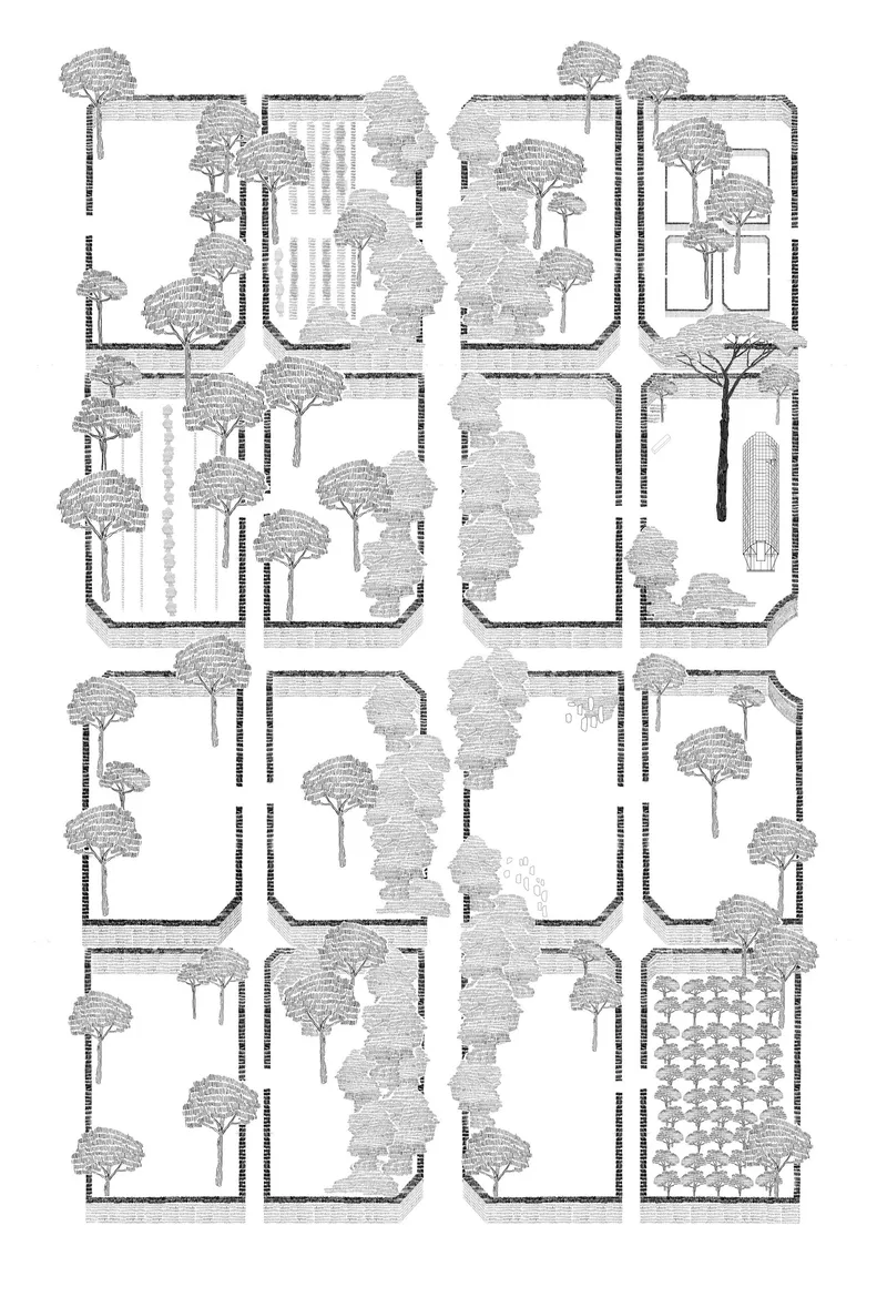 Floor plan drawing displaying grid of courtyard modules with scattered trees throughout the composition