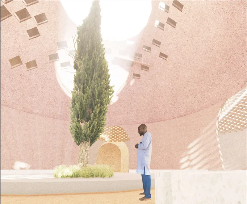 Sunlit underground chapel interior centered around a tree, creating a calm space for prayer and reflection.