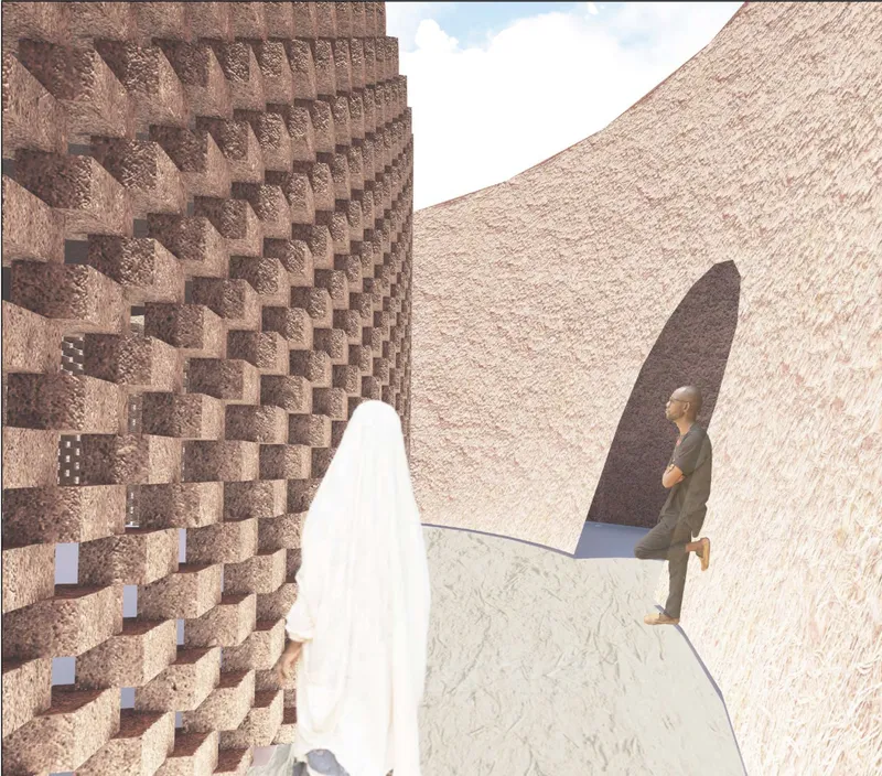 Curved brick passages guide visitors through the recessed chapel, blending sacred movement with earthy materiality.