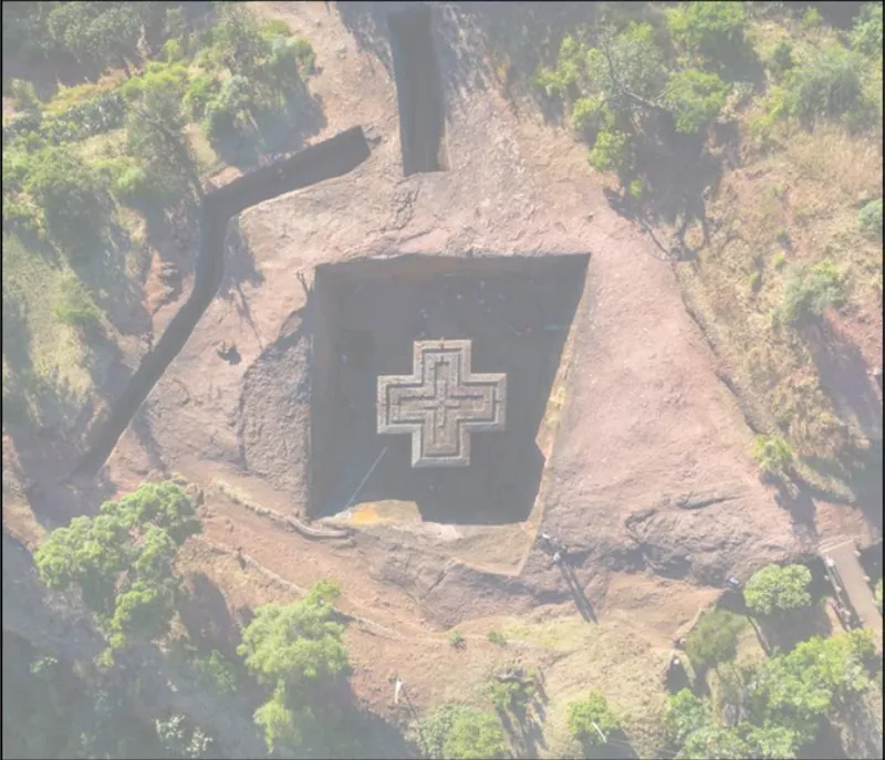 Aerial reference of Lalibela’s rock-hewn church, shaping the project’s underground sacred form.