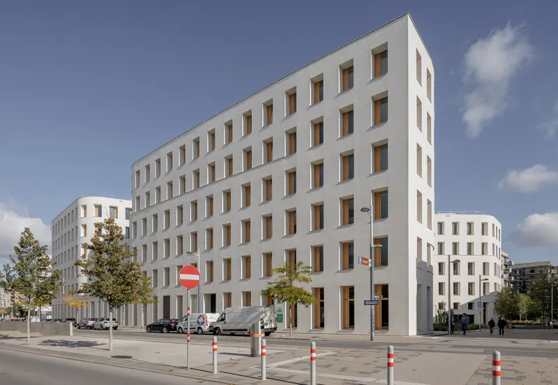 White facade with deep rectangular window reveals and street trees in afternoon light