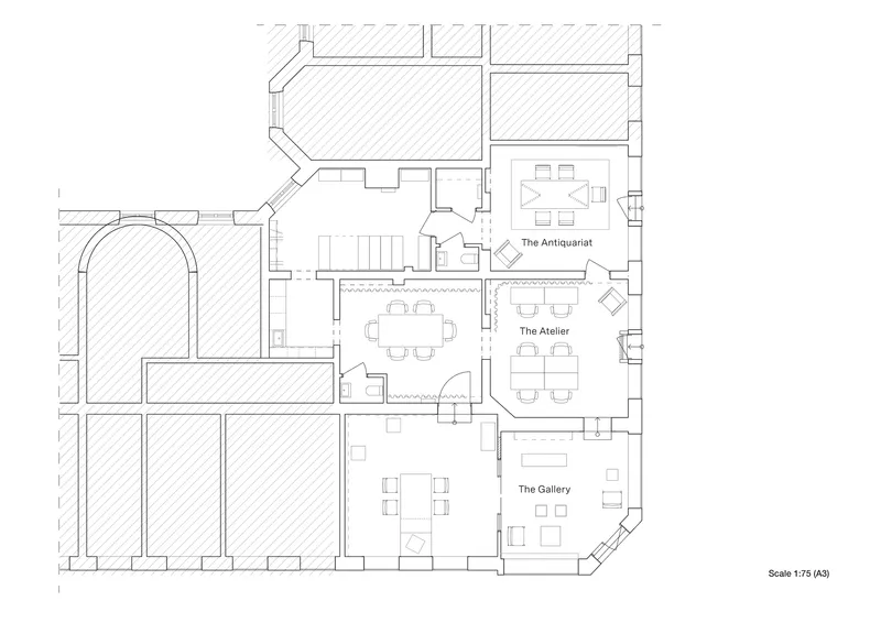 Floor plan drawing showing three gallery rooms with central stair and service areas