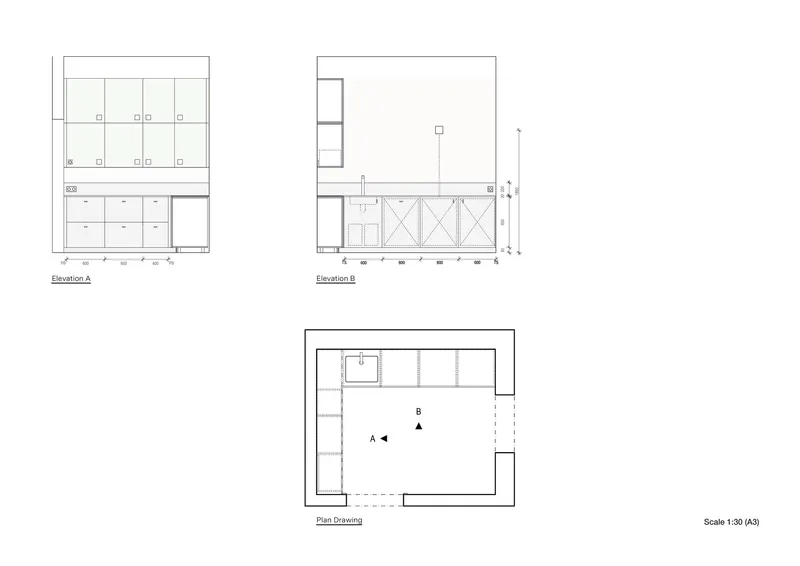 Elevation and plan drawings showing built-in cabinetry with upper glazed display and lower storage