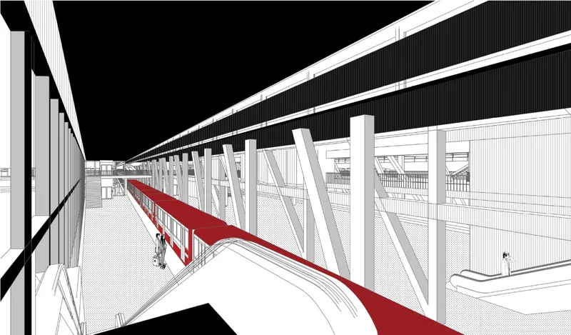 Public movement is organized through layered platforms, ramps and structural bays