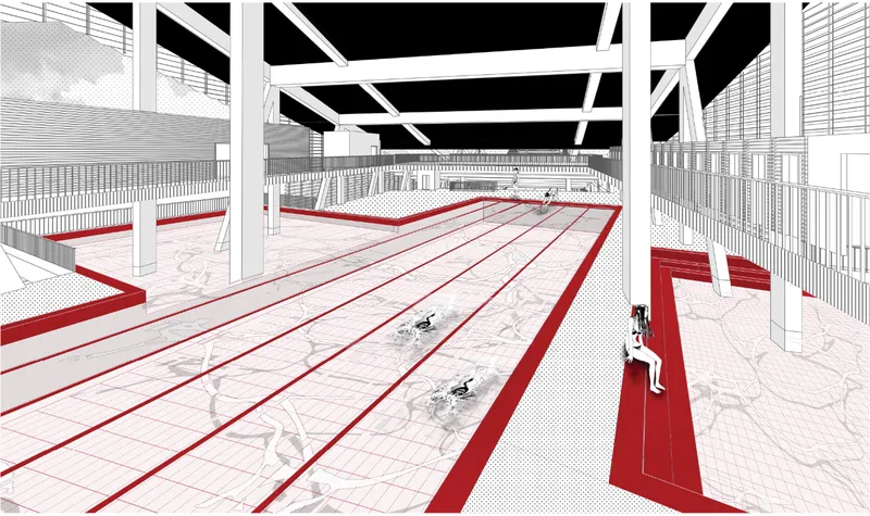 Recreational spaces bring everyday civic life into the heart of the megastructure