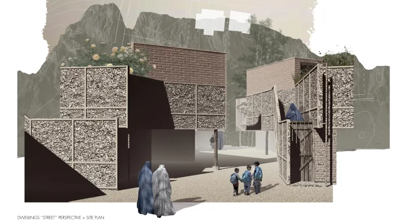 Clustered dwellings use brick and mineral-filled walls to create intimate streets, protected thresholds, and community interaction.
