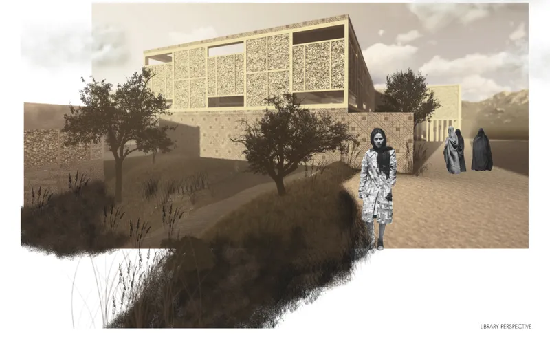 The library emerges as a civic landmark surrounded by productive landscape, pathways, and locally rooted material textures.