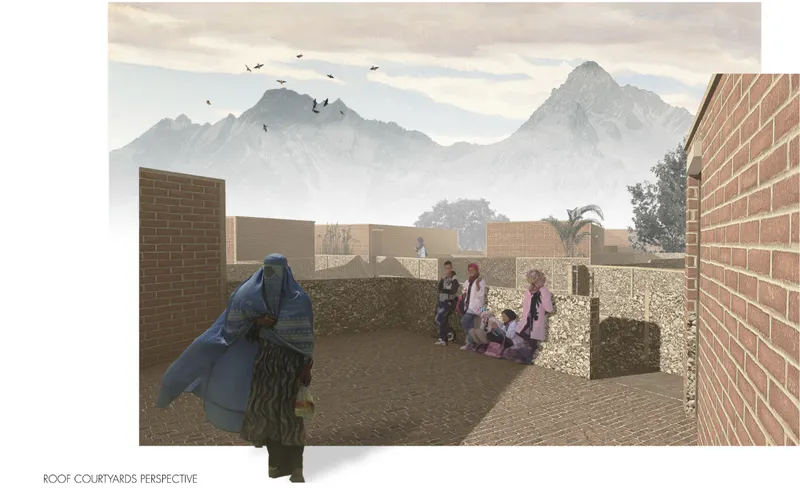 Rooftop courtyards provide secure shared spaces for gathering, conversation, and everyday community life against the mountain landscape.