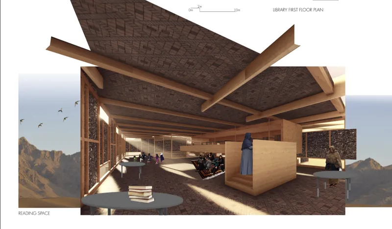 The library reading space combines exposed timber structure, textured surfaces, daylight, and flexible areas for learning and exchange.
