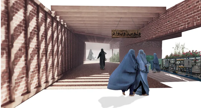 A shaded communal passage integrates circulation, water infrastructure, and shared spaces within the women-led settlement.