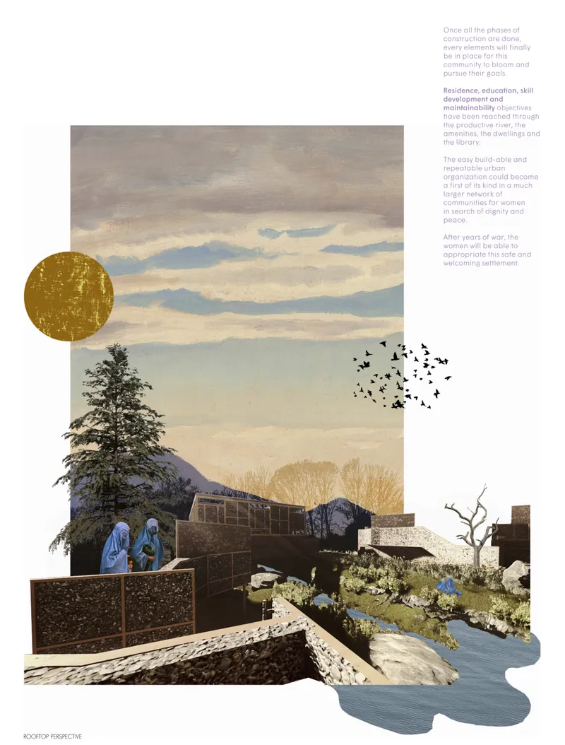A productive landscape of water, vegetation, and clustered architecture envisions long-term resilience, dignity, and collective renewal.