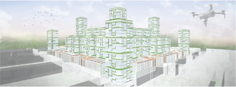 Cerdà Towers forming a dense, green mixed-use urban cluster
