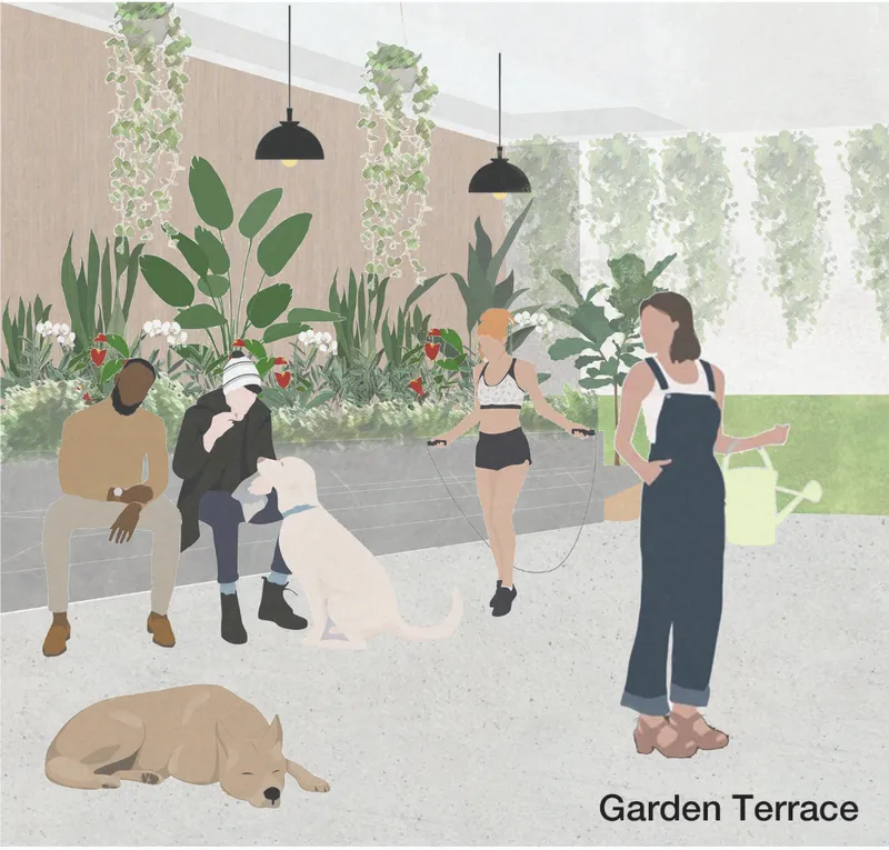 Community green space designed for gathering, play, and urban gardening
